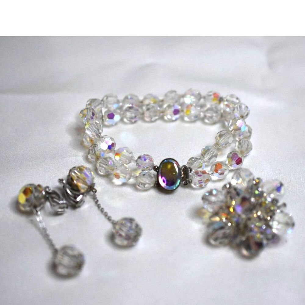 Vtg Aurora Borealis Lewis Segal 2" Dangle Clip Earrings 6" Bracelet 1.5" Brooch